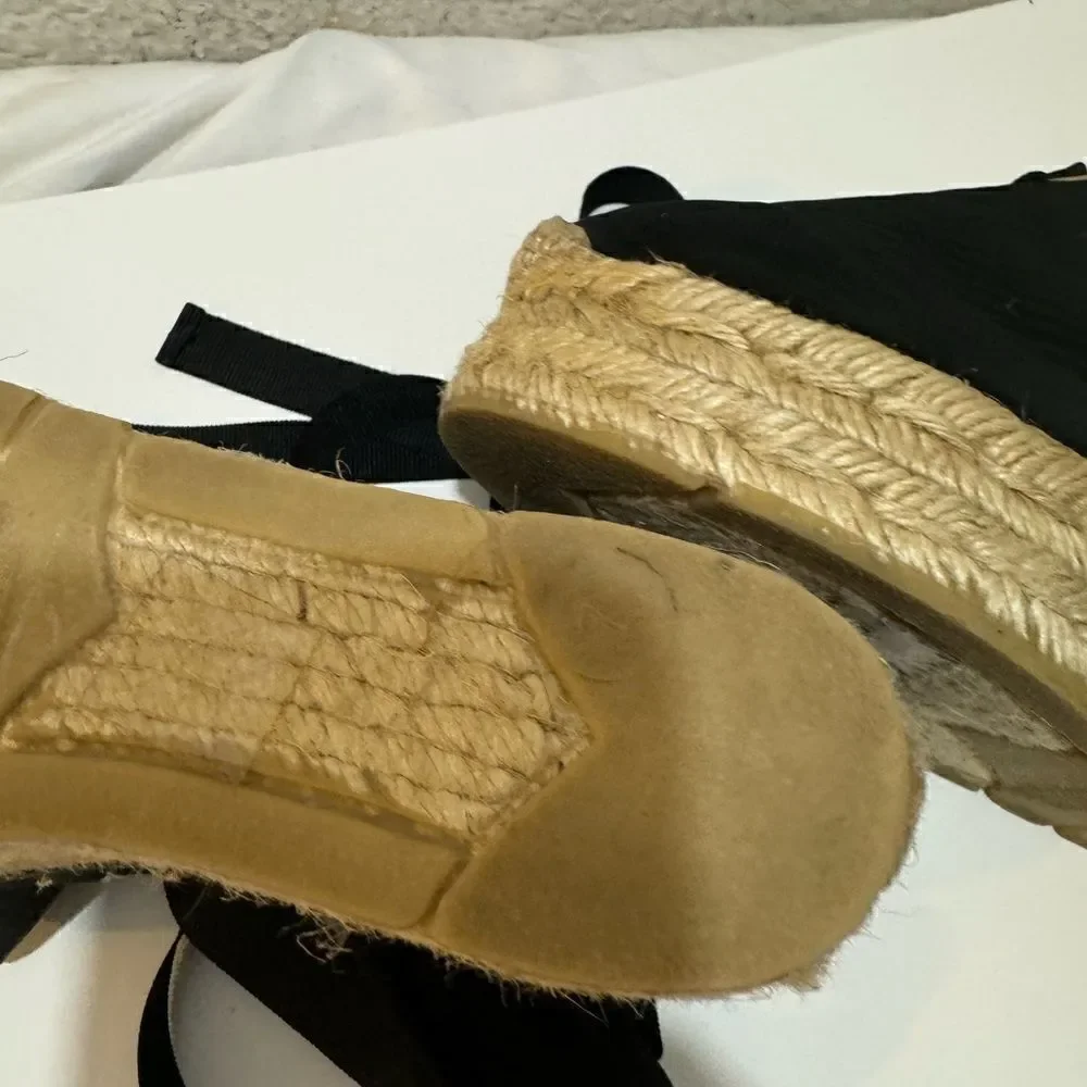 Ralph Lauren Black Uma Espadrille Wedge Ankle Wrap Platform Sandals Size 37